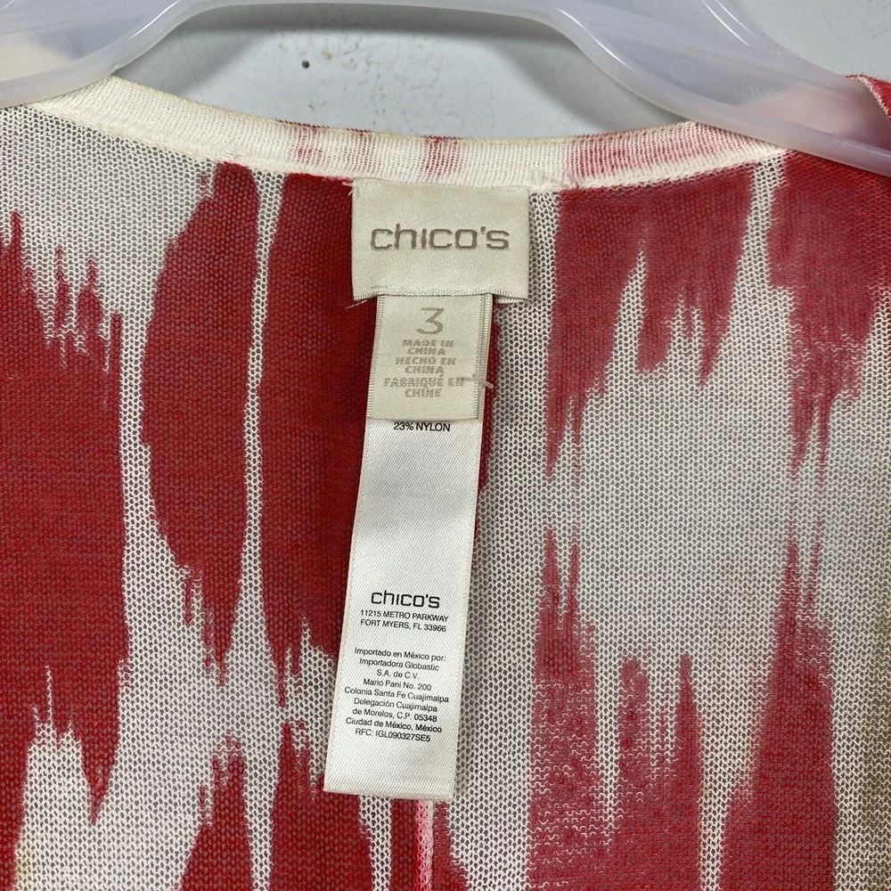 Chico's Cardigan Women's 3 XL Red Orange Side Slits Open Front 3/4‎ Sleeve Artsy